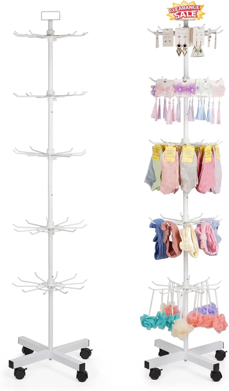 Exttlliy 5-Tier Metal Spinning Display Stand Rack with Wheels, Keychain Jewelry Stocking Hat Display Stand, White - Image 1